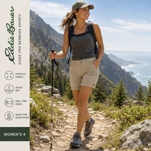 Eddie Bauer Bermuda Shorts Womens 4 Guide Pro‎ Khaki Hiking Roll Tab Outdoor